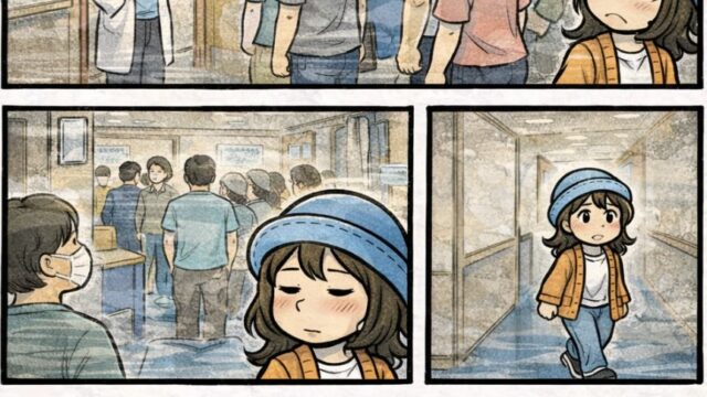 ピースボート船内で体調不良が続き医務室に行ったら「ただいま2時間待ちです」と言われて満員、部屋に戻って「船って街やねんな…」と実感するAppyの漫画（船内診療・風邪流行）
