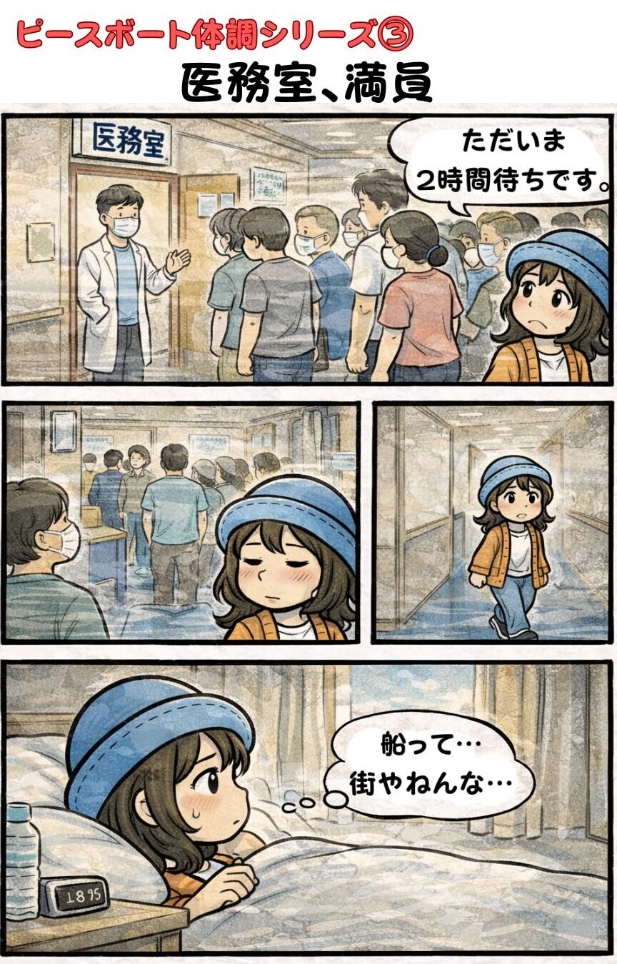 ピースボート船内で体調不良が続き医務室に行ったら「ただいま2時間待ちです」と言われて満員、部屋に戻って「船って街やねんな…」と実感するAppyの漫画(船内診療・風邪流行)