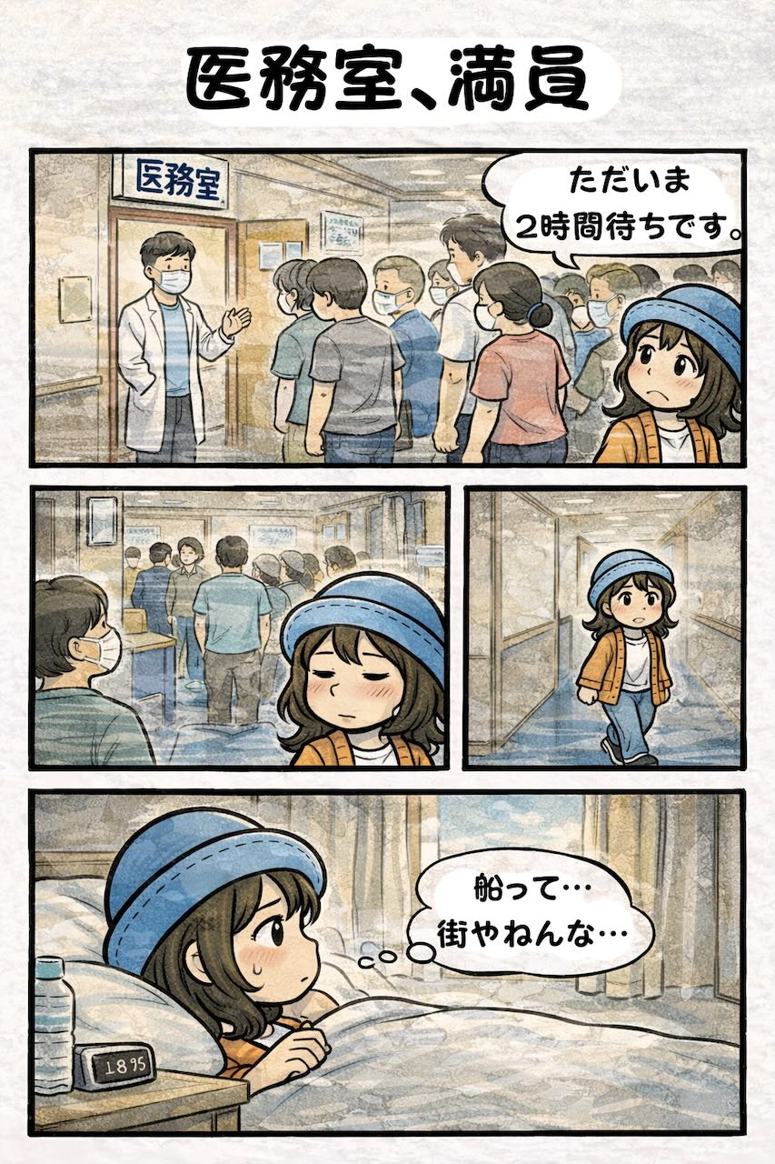 ピースボート船内で体調不良が続き医務室に行ったら「ただいま2時間待ちです」と言われて満員、部屋に戻って「船って街やねんな…」と実感するAppyの漫画（船内診療・風邪流行）