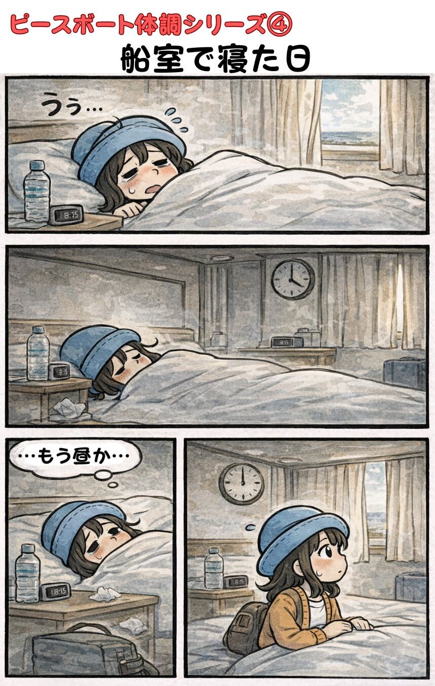 ピースボート船内で体調不良になり、1日中ほぼ船室で寝て過ごしてしまったAppyの漫画(朝から昼まで寝落ち・熱っぽい日・船内生活あるある)