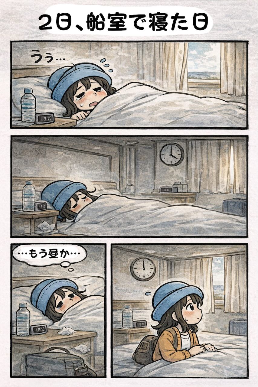 ピースボート船内で体調不良になり、1日中ほぼ船室で寝て過ごしてしまったAppyの漫画（朝から昼まで寝落ち・熱っぽい日・船内生活あるある）