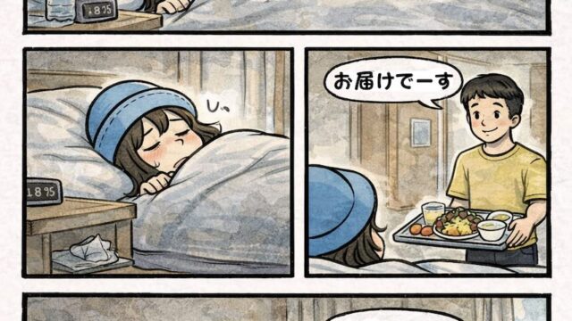 ピースボート船内で体調不良で寝込んでいたら、ビュッフェのごはんが部屋まで届けられて助かるAppyの漫画（船室で療養・ルームサービス的対応・船内生活あるある）