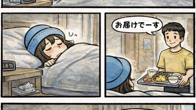 ピースボート船内で体調不良で寝込んでいたら、ビュッフェのごはんが部屋まで届けられて助かるAppyの漫画（船室で療養・ルームサービス的対応・船内生活あるある）