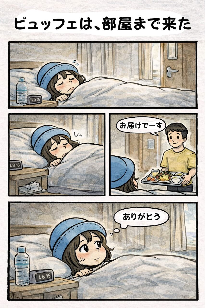 ピースボート船内で体調不良で寝込んでいたら、ビュッフェのごはんが部屋まで届けられて助かるAppyの漫画（船室で療養・ルームサービス的対応・船内生活あるある）