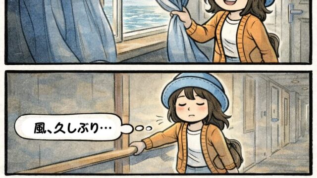 ピースボート船内で体調が少し戻り「今日は行けるかも」と久しぶりにデッキへ出て風を感じるAppyの漫画（療養明け・船内生活・回復の瞬間）