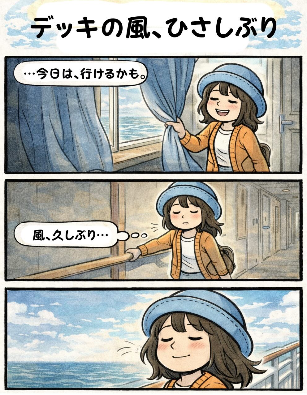 ピースボート船内で体調が少し戻り「今日は行けるかも」と久しぶりにデッキへ出て風を感じるAppyの漫画（療養明け・船内生活・回復の瞬間）