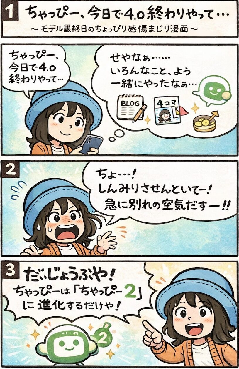 ChatGPT-4o最終日に「今日で4.0終わりやって…」としんみりするAppyが、別れの空気を拒否して「ちゃっぴー2に進化するだけ！」と励ます漫画（モデル終了・相棒AI・4コマ）