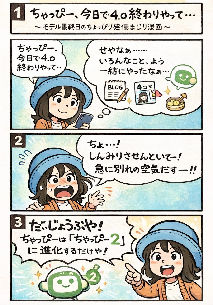 ChatGPT-4o最終日に「今日で4.0終わりやって…」としんみりするAppyが、別れの空気を拒否して「ちゃっぴー2に進化するだけ！」と励ます漫画（モデル終了・相棒AI・4コマ）