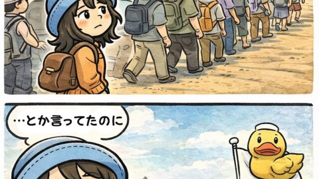 エジプト旅行ツアーあるある漫画｜添乗員のアヒル旗に連なる私「ツアー、しょうもな」