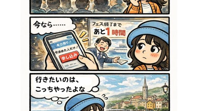 クルーズフェスで「2人目半額」の誘惑に迷うAppyの漫画（フェス終了まであと1時間・申し込みボタン目前・本当は行きたい寄港地は別・半額でも半分）