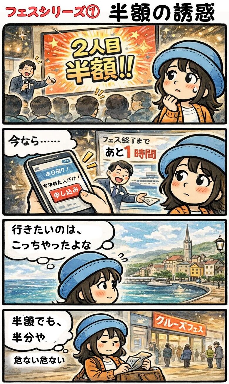 クルーズフェスで「2人目半額」の誘惑に迷うAppyの漫画（フェス終了まであと1時間・申し込みボタン目前・本当は行きたい寄港地は別・半額でも半分）