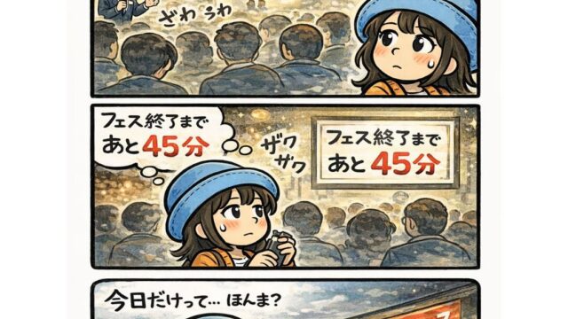クルーズフェスで「本日限り・今決めた人だけ」の煽りに揺れるAppyの漫画（終了まであと45分・ザワザワする会場・今日だけって本当？時間が魔法を作る）