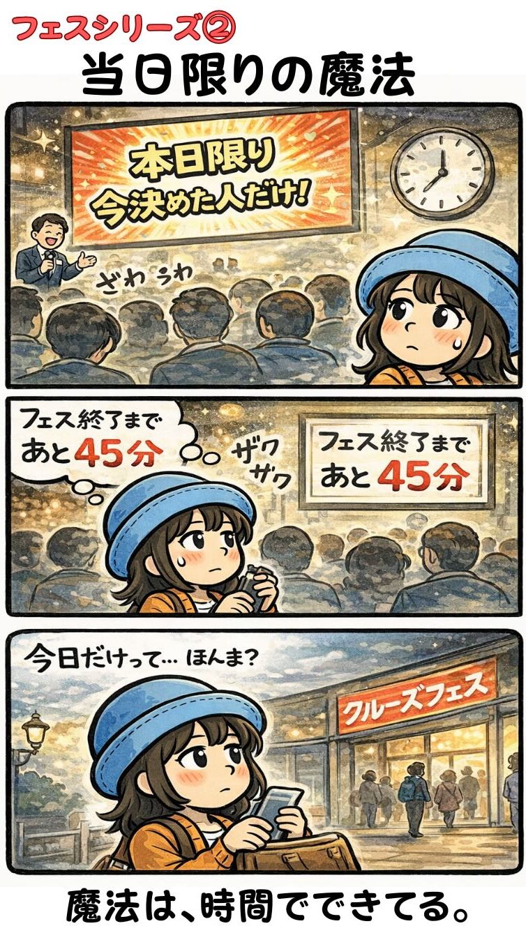 クルーズフェスで「本日限り・今決めた人だけ」の煽りに揺れるAppyの漫画（終了まであと45分・ザワザワする会場・今日だけって本当？時間が魔法を作る）