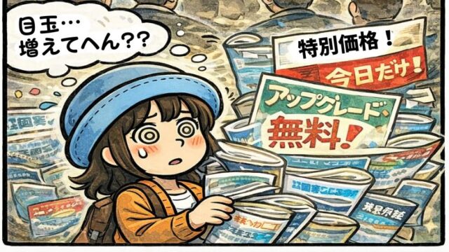 クルーズフェスの特典だらけの“目玉”が増殖して頭が混乱するAppyの漫画（今日だけ・限定・最安値・無料アップグレード…決めても後悔、決めなくても後悔）