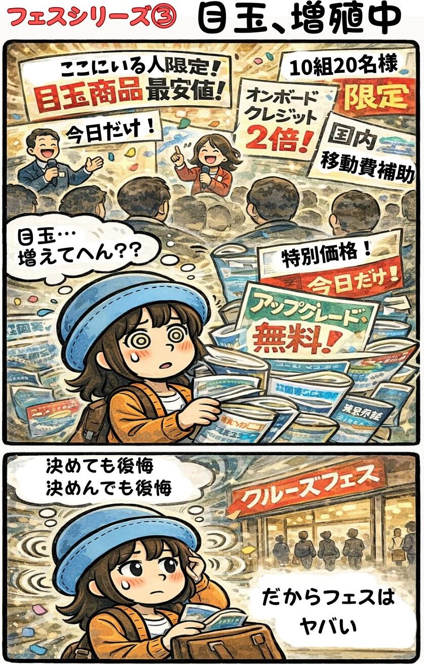 クルーズフェスの特典だらけの“目玉”が増殖して頭が混乱するAppyの漫画（今日だけ・限定・最安値・無料アップグレード…決めても後悔、決めなくても後悔）