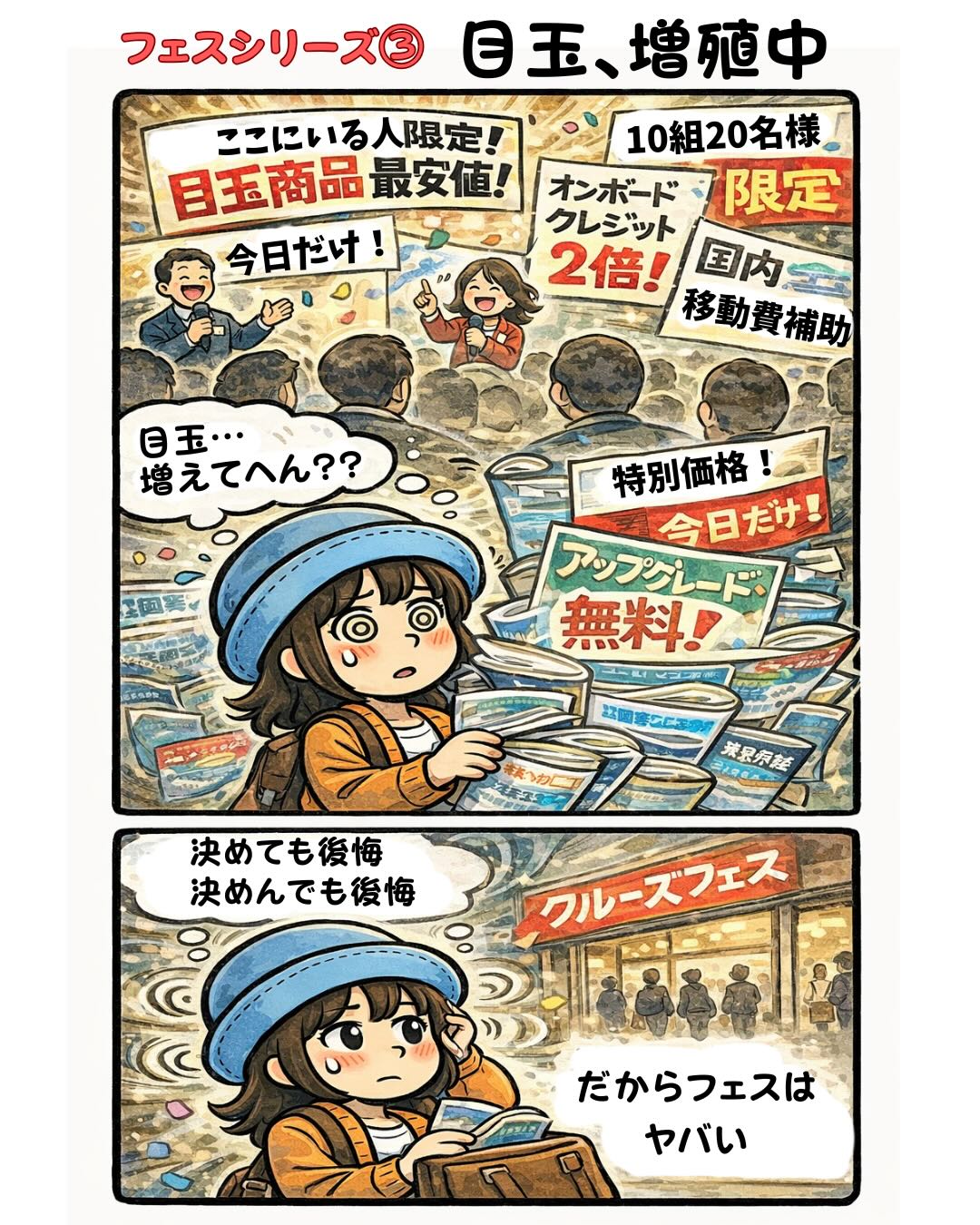 クルーズフェスの特典だらけの“目玉”が増殖して頭が混乱するAppyの漫画（今日だけ・限定・最安値・無料アップグレード…決めても後悔、決めなくても後悔）