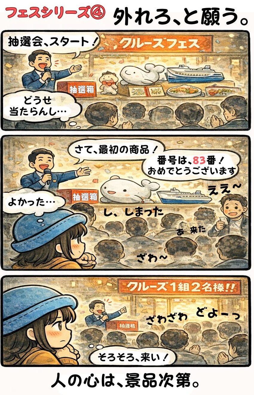 クルーズフェスの抽選会で「どうせ当たらん」と思いながらも景品が豪華になると心が揺れるAppyの漫画（外れろと願う心理・クルーズ1組2名様・フェスあるある）