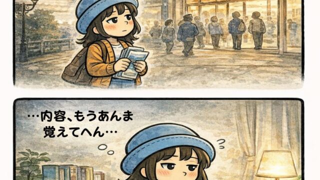 クルーズフェスであれだけ迷ったのに帰り道は静か、家でパンフを見直すと結局あまり買わないAppyの漫画（衝動買い防止・帰宅後の冷静・フェスあるある）