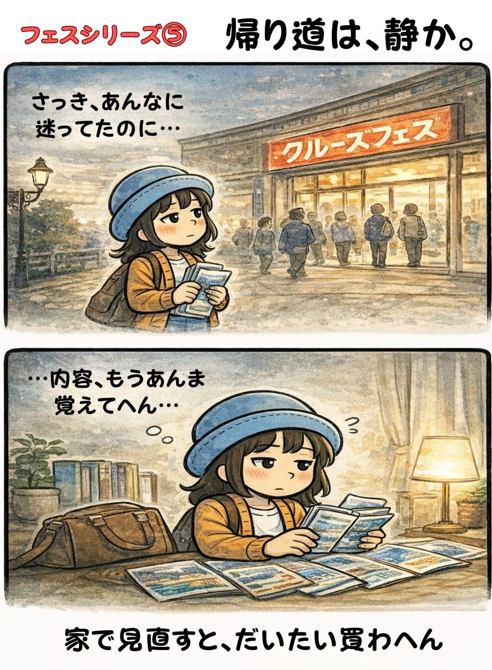 クルーズフェスであれだけ迷ったのに帰り道は静か、家でパンフを見直すと結局あまり買わないAppyの漫画（衝動買い防止・帰宅後の冷静・フェスあるある）