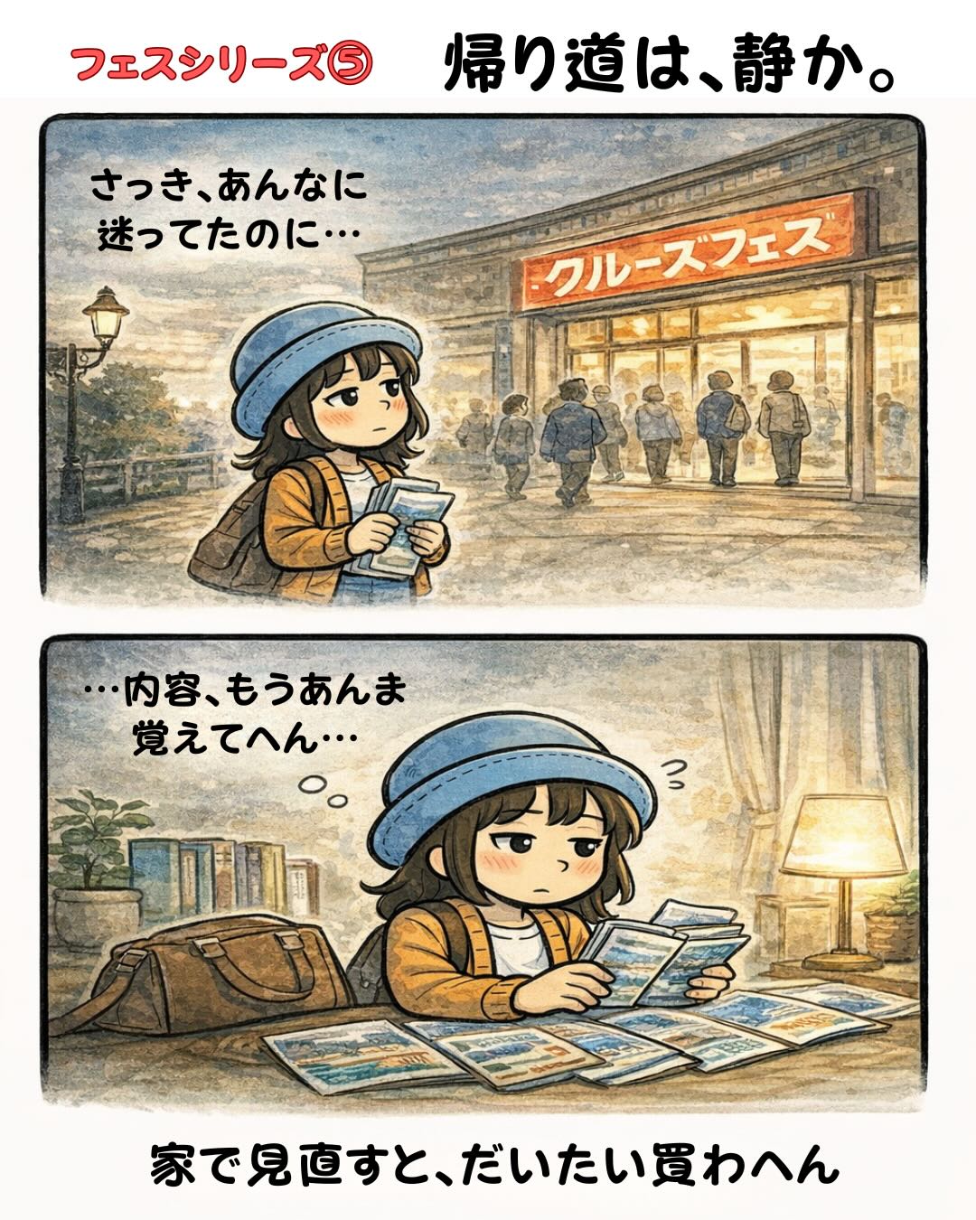 クルーズフェスであれだけ迷ったのに帰り道は静か、家でパンフを見直すと結局あまり買わないAppyの漫画（衝動買い防止・帰宅後の冷静・フェスあるある）