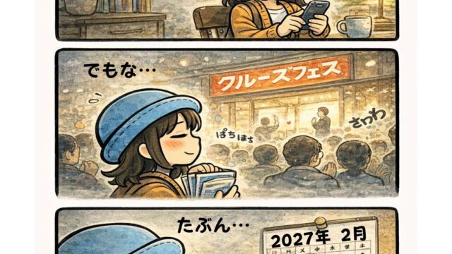 クルーズフェスに「もう行かん」と言いながら、結局また行く予定を立ててしまうAppyの漫画（来年はネットで十分→でも祭りの空気に負ける・2027年2月予定）