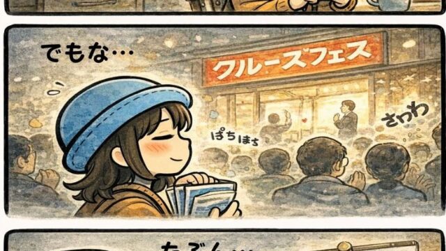 クルーズフェスに「もう行かん」と言いながら、結局また行く予定を立ててしまうAppyの漫画（来年はネットで十分→でも祭りの空気に負ける・2027年2月予定）