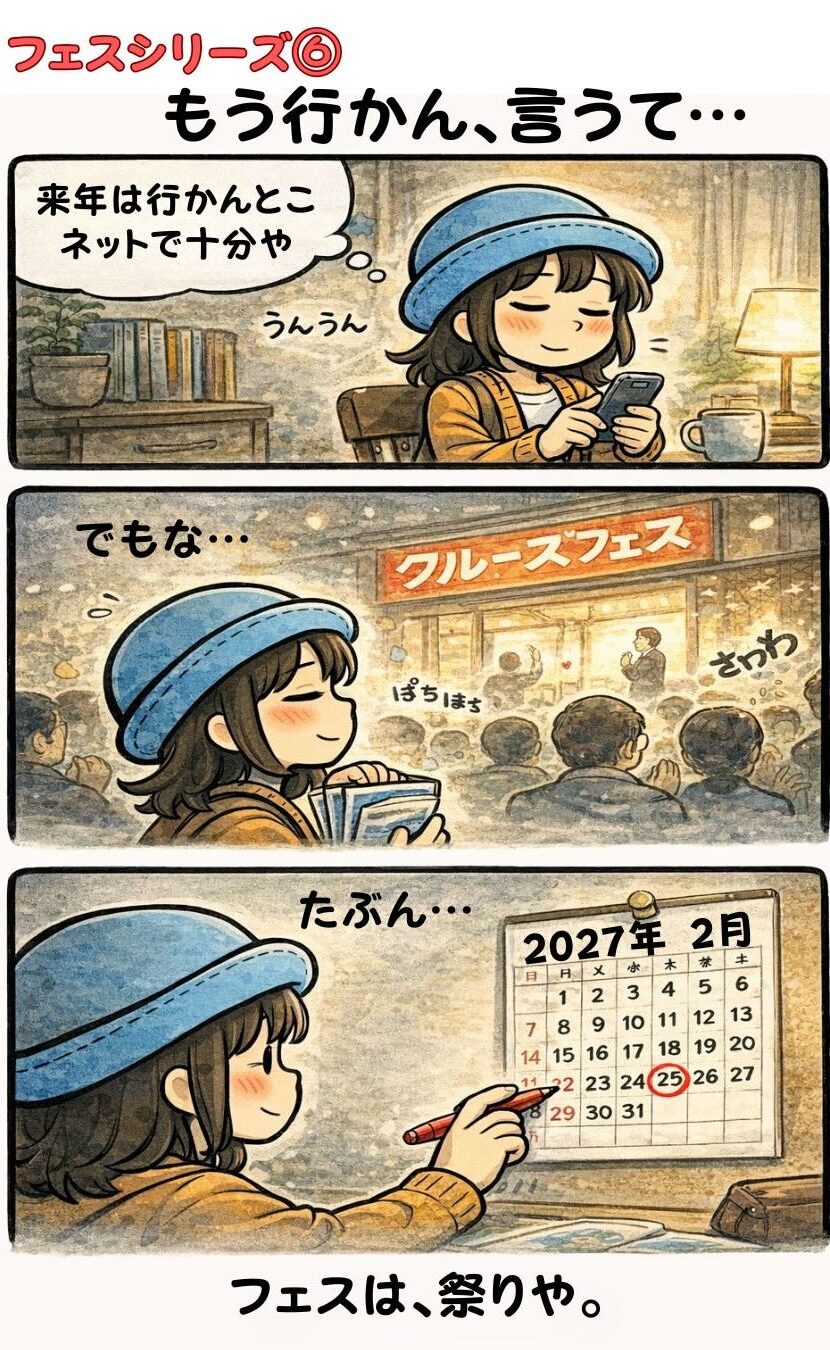 クルーズフェスに「もう行かん」と言いながら、結局また行く予定を立ててしまうAppyの漫画（来年はネットで十分→でも祭りの空気に負ける・2027年2月予定）