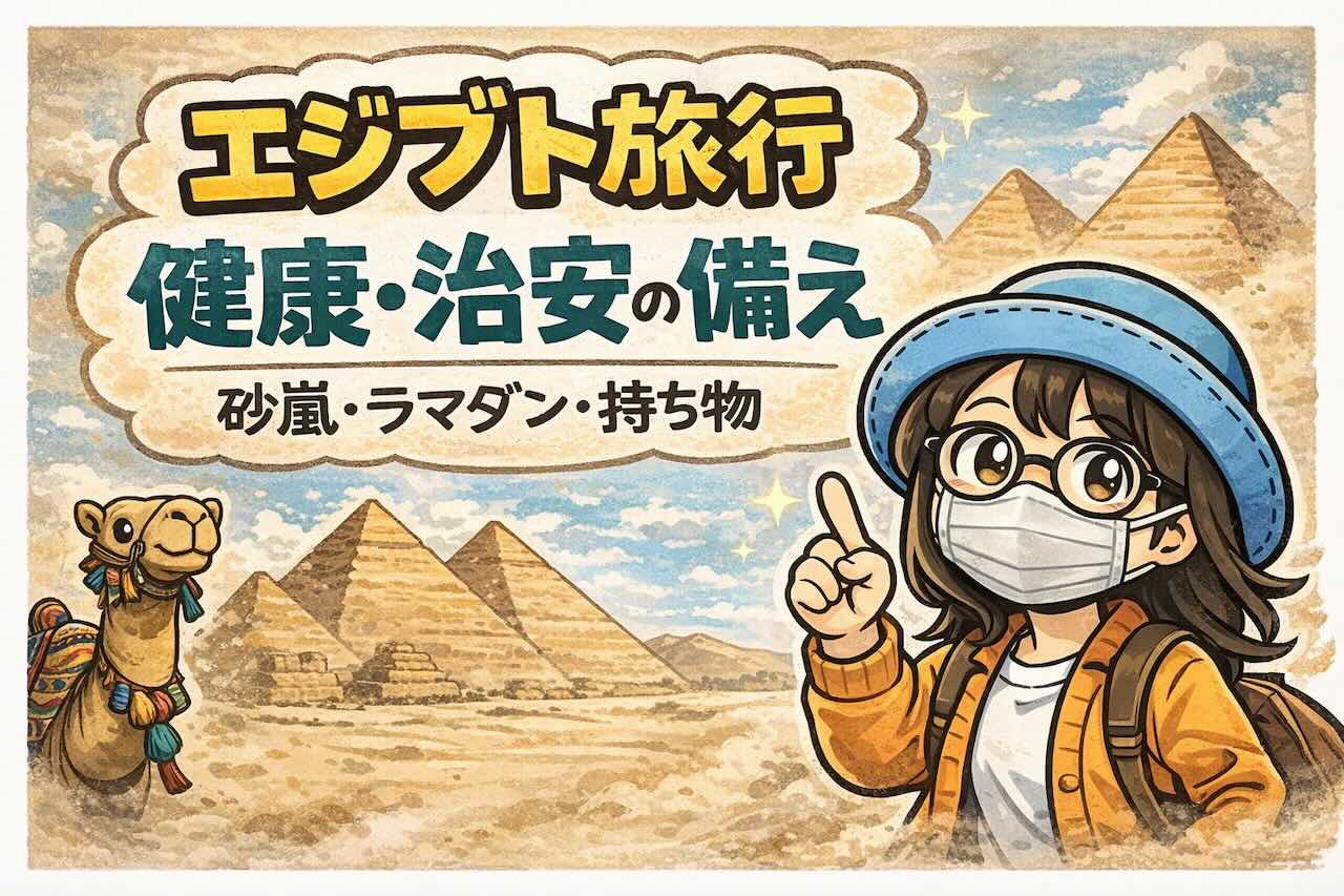エジプト旅行の健康・治安対策を解説するアイキャッチ画像。砂嵐のピラミッド背景とラクダ、マスク姿の女性イラストで備えを表現。