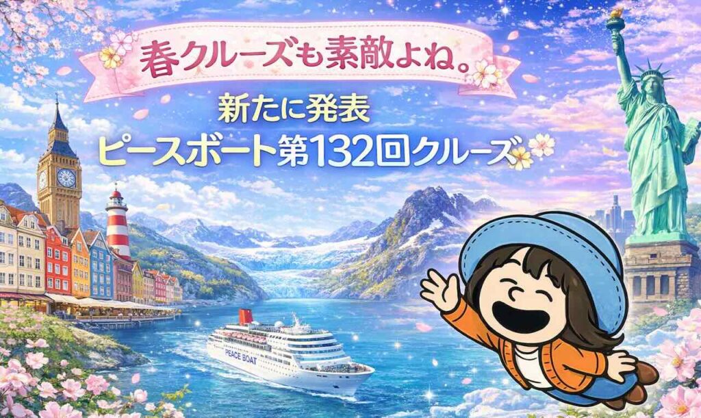 ピースボート第132回クルーズ（2029年4月出発）の春クルーズイメージ。ヨーロッパ・北欧・アラスカを巡る世界一周航路とAppyのイラスト。