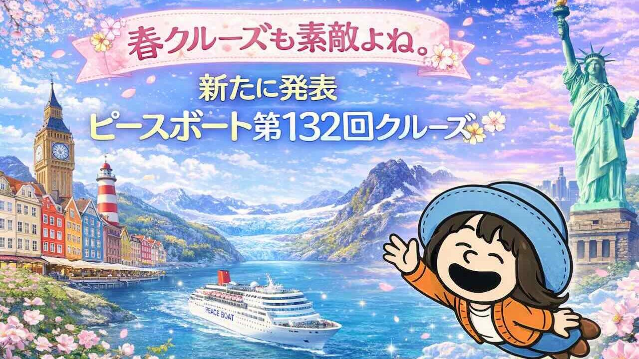 ピースボート第132回クルーズ（2029年4月出発）の春クルーズイメージ。ヨーロッパ・北欧・アラスカを巡る世界一周航路とAppyのイラスト。