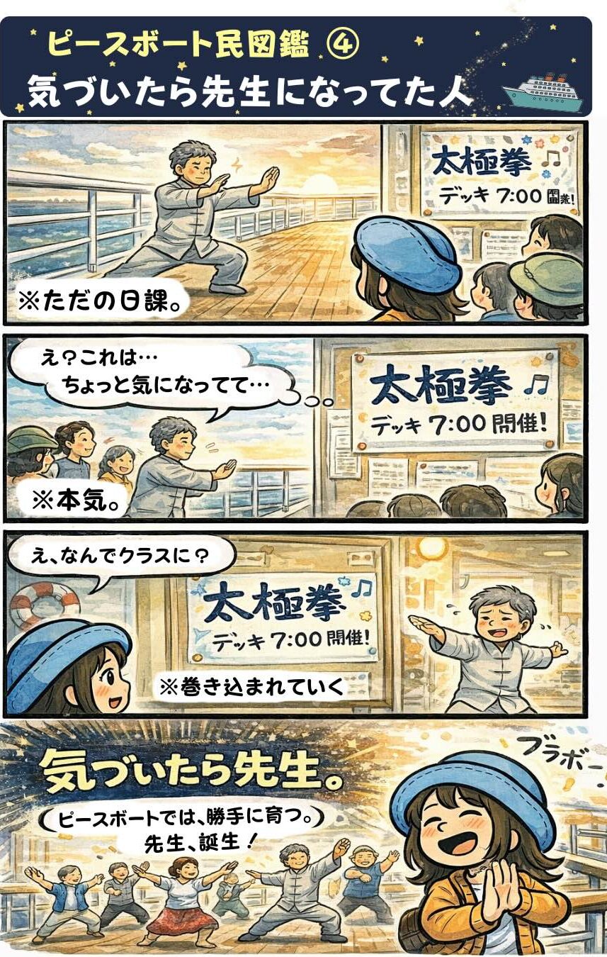 ピースボート民図鑑④「気づいたら先生になってた人」。ピースボート世界一周クルーズの船内で太極拳を始めた乗客が、いつの間にか教室の先生になってしまう様子を描いた漫画