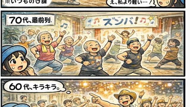 ピースボート民図鑑⑥「年齢不詳」。ピースボート世界一周クルーズの船内で、70代や60代の乗客が元気にダンスや運動を楽しみ年齢を感じさせない様子を描いた漫画