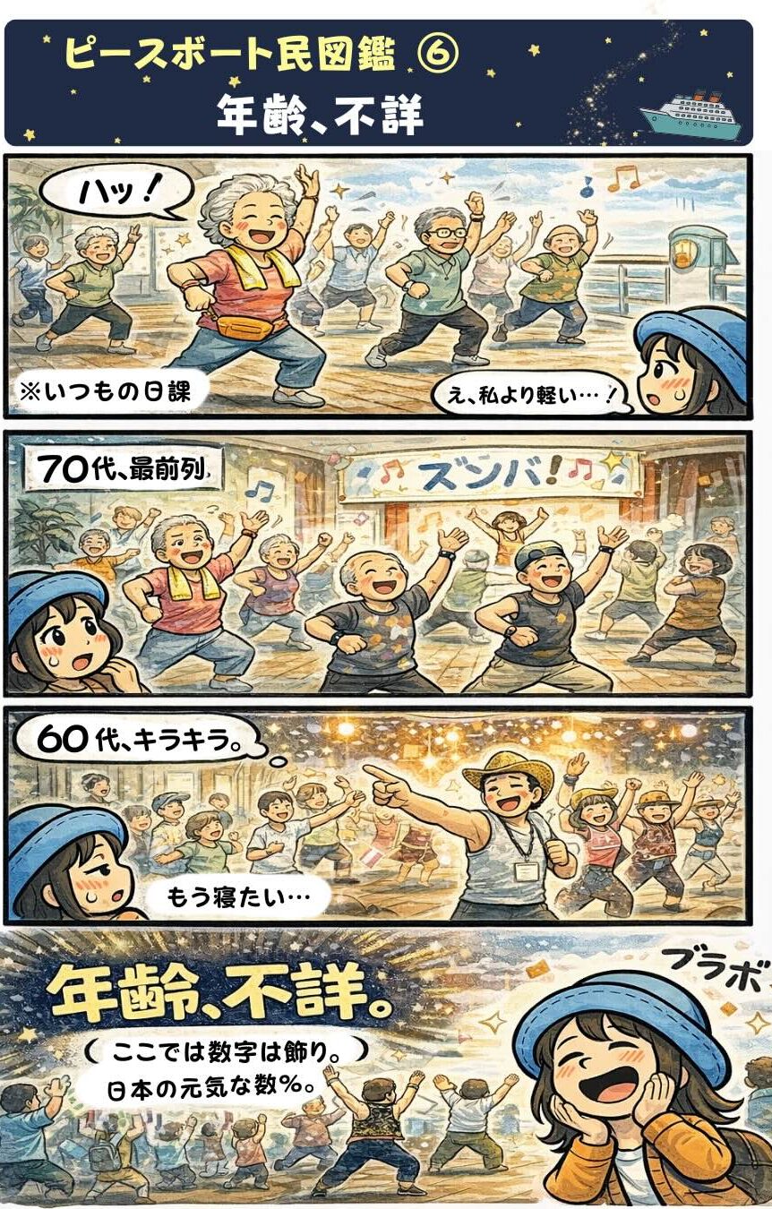 ピースボート民図鑑⑥「年齢不詳」。ピースボート世界一周クルーズの船内で、70代や60代の乗客が元気にダンスや運動を楽しみ年齢を感じさせない様子を描いた漫画