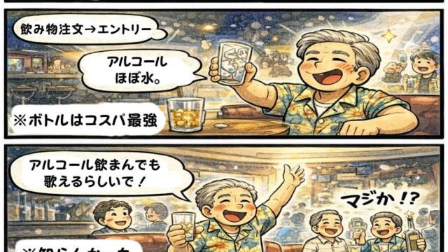 ピースボート民図鑑⑧「カラオケの人」。ピースボート世界一周クルーズの船内バーでカラオケを楽しむ乗客が、飲みながら次々と歌い続ける様子を描いた漫画