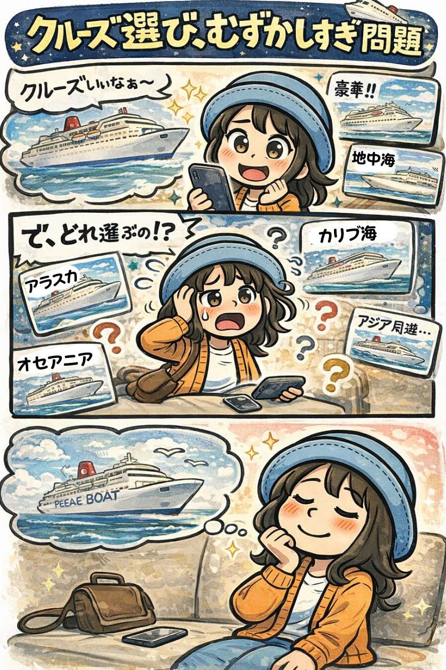 ピースボートを含むクルーズ旅行の選び方に悩む様子を描いた漫画で、地中海・カリブ海・アラスカなどの選択肢に迷い最終的にピースボートを思い浮かべる内容