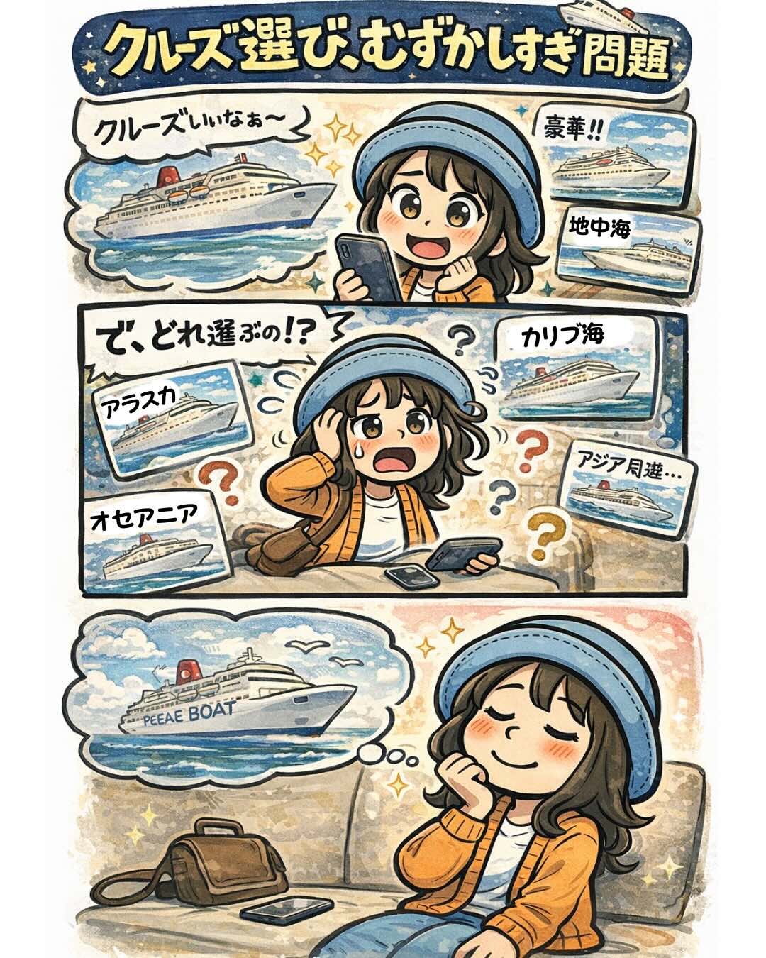 ピースボートを含むクルーズ旅行の選び方に悩む様子を描いた漫画で、地中海・カリブ海・アラスカなどの選択肢に迷い最終的にピースボートを思い浮かべる内容