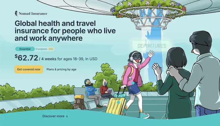 SafetyWingの公式トップ画面（英語表示）｜ノマド向け海外旅行保険の概要と料金例