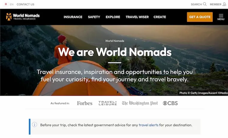 World Nomads公式サイトのトップ画面