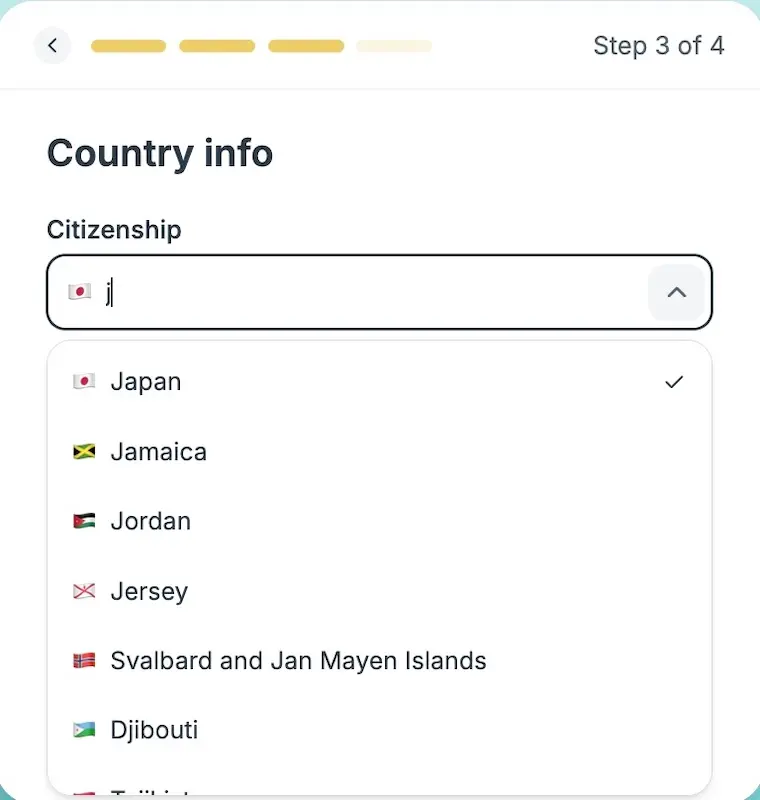 SafetyWingの国籍入力画面｜Jと入力するとJapanが候補に表示される