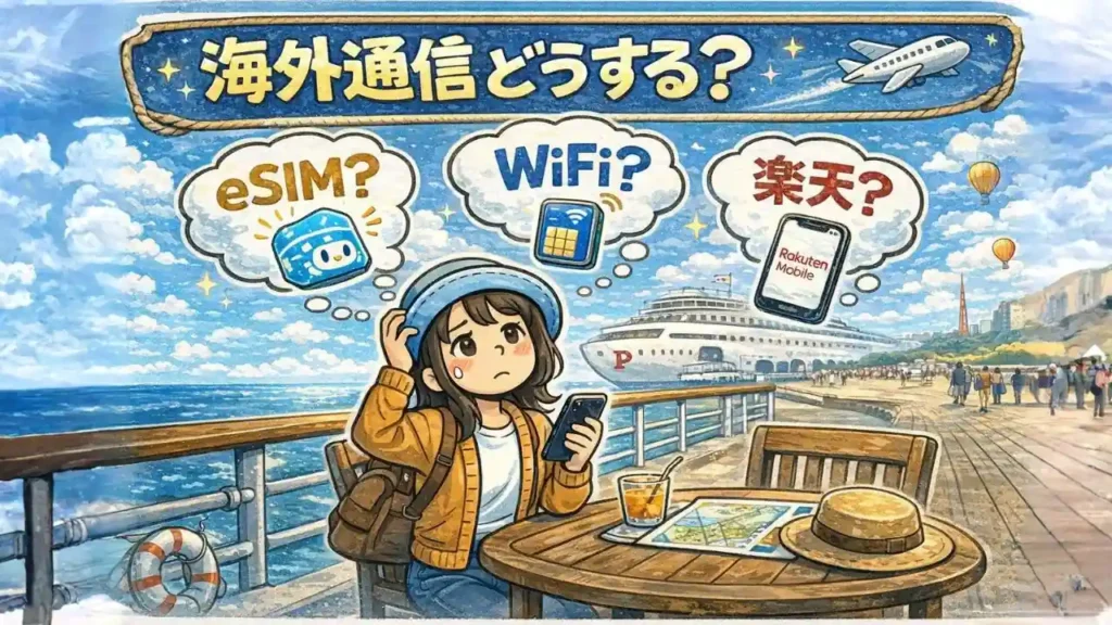 海外旅行の通信手段(eSIM・WiFi・楽天モバイル)の違いと選び方を解説したイメージ