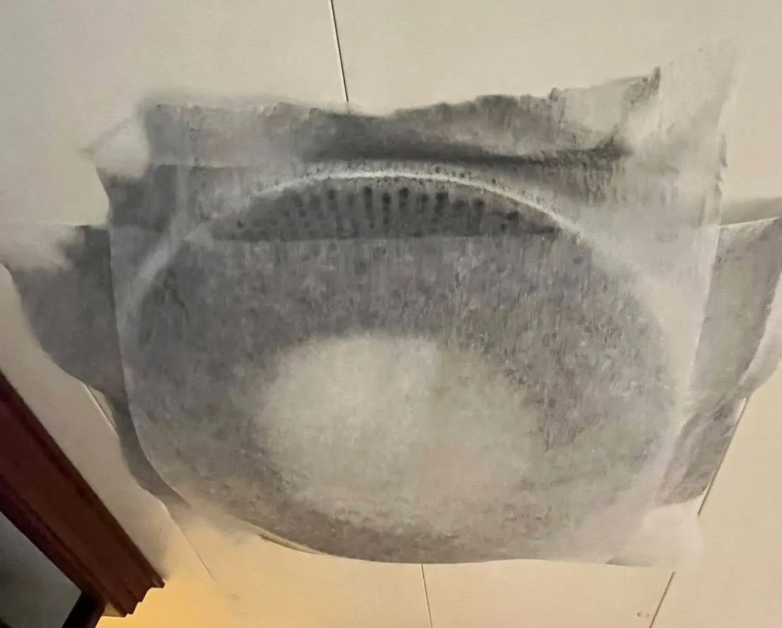 ピースボートの換気口に貼ったフィルター全体に黒い汚れが付着した様子