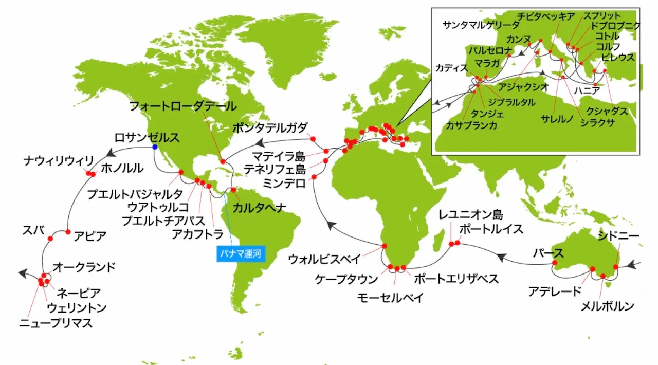 プリンセスクルーズ世界一周航路マップ｜南アフリカ経由で地中海を含むルート