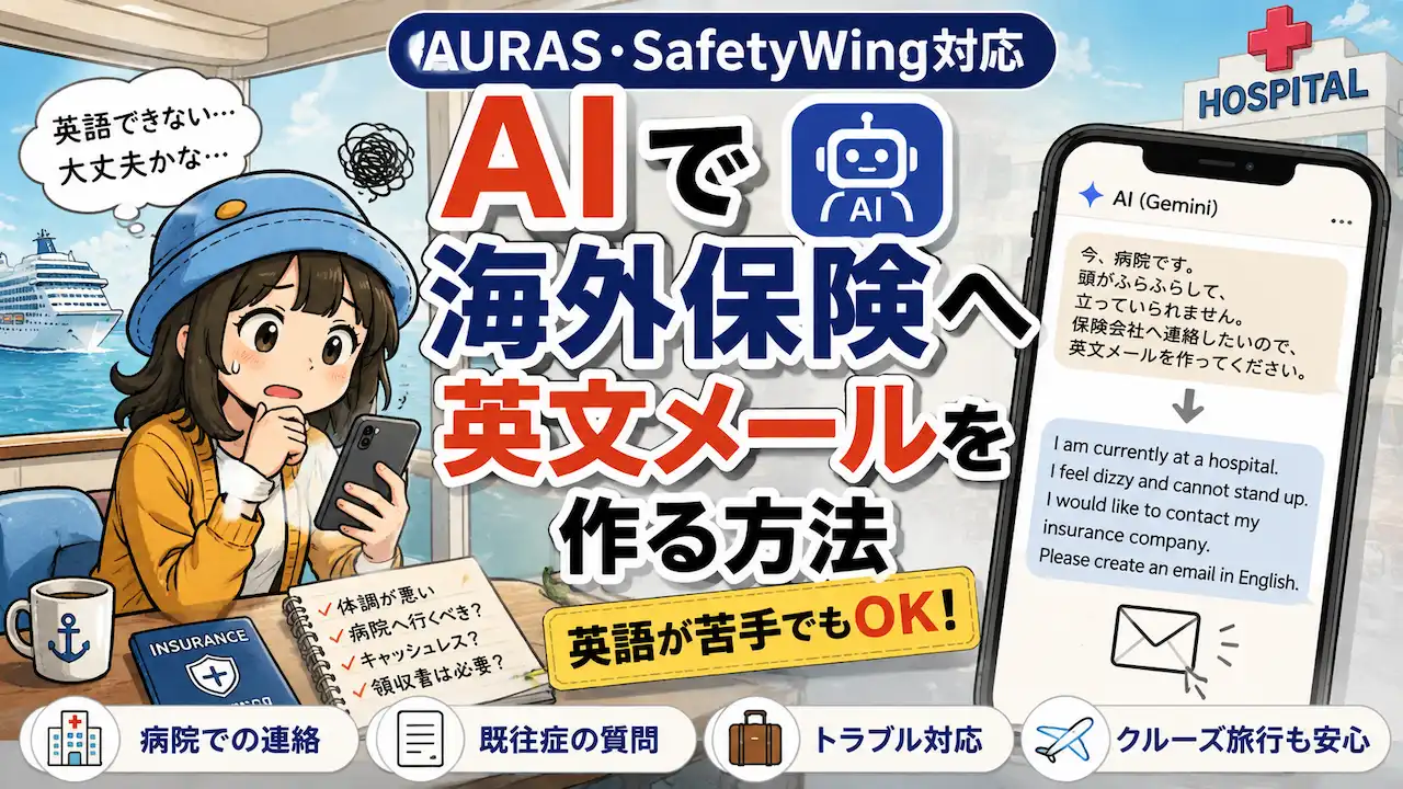AIを使って海外保険(AURAS・SafetyWing)への英文メールを作る方法を解説するアイキャッチ画像。クルーズ旅行中にスマホでAIへ相談するAppyのイラスト。