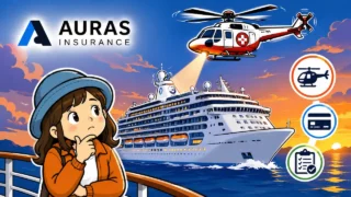クルーズ旅行におけるAURAS保険のヘリ搬送や救助補償をイメージしたイラスト