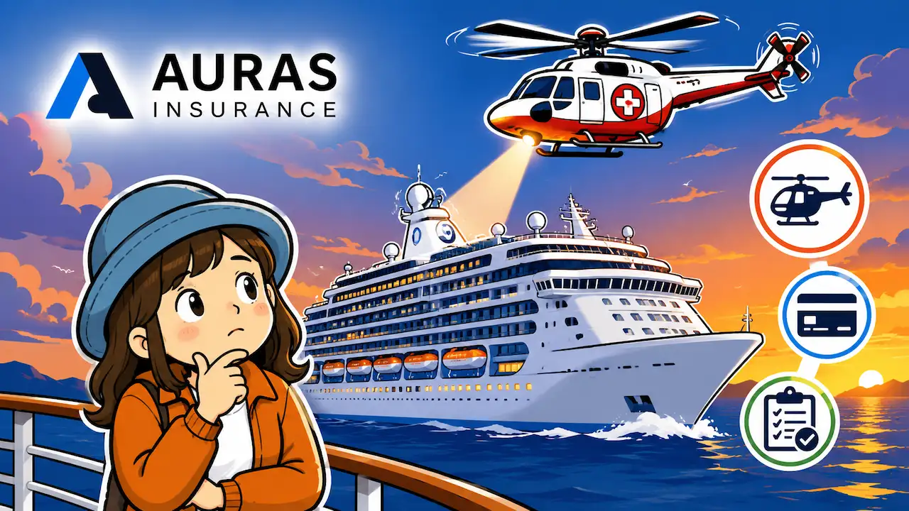 クルーズ旅行におけるAURAS保険のヘリ搬送や救助補償をイメージしたイラスト