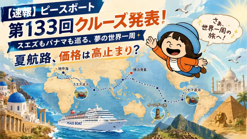 ピースボート第133回クルーズ(2029年8月出発)の世界一周イメージ。スエズ運河・パナマ運河・イースター島を巡る夏航路と価格分析をテーマにしたアイキャッチ画像。