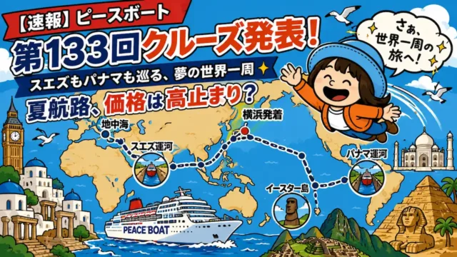 ピースボート第133回クルーズ（2029年8月出発）の世界一周イメージ。スエズ運河・パナマ運河・イースター島を巡る夏航路と価格分析をテーマにしたアイキャッチ画像。