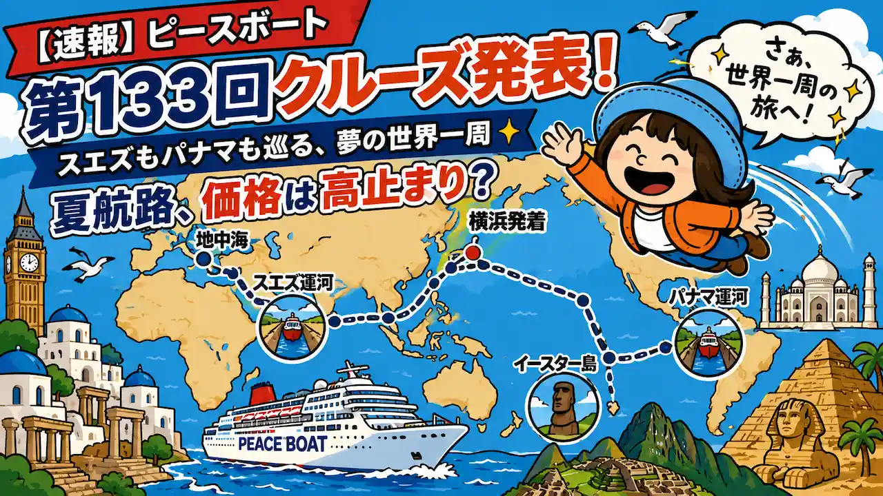 ピースボート第133回クルーズ(2029年8月出発)の世界一周イメージ。スエズ運河・パナマ運河・イースター島を巡る夏航路と価格分析をテーマにしたアイキャッチ画像。