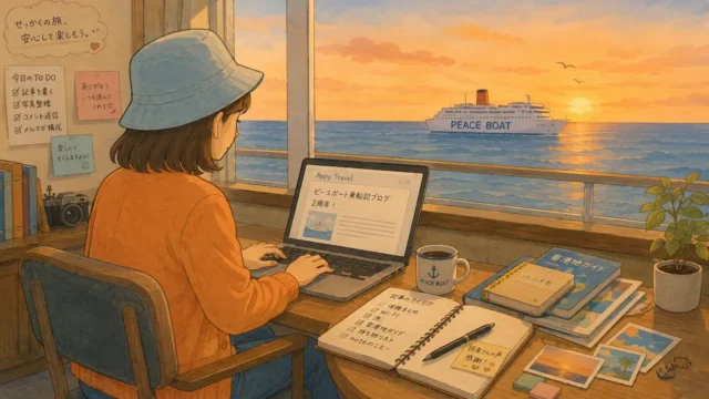 ピースボート船内でノートPCを使いながらブログを書くAppyのイラスト｜夕暮れの海とクルーズ船を眺める2周年記念アイキャッチ
