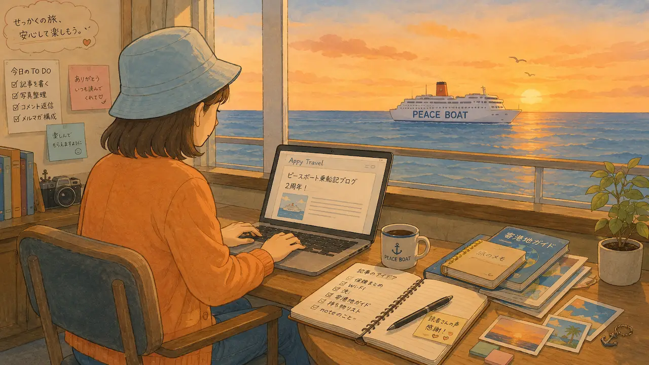 ピースボート船内でノートPCを使いながらブログを書くAppyのイラスト｜夕暮れの海とクルーズ船を眺める2周年記念アイキャッチ